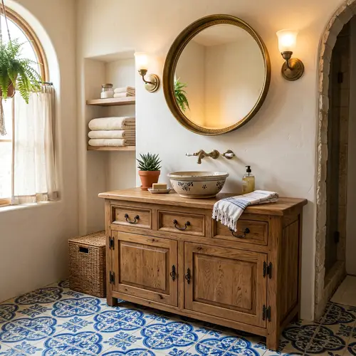 Mediterranean Wooden Bathroom Buffet with Vasque