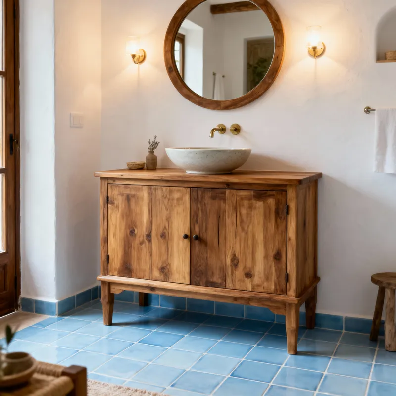 Mediterranean Wooden Bathroom Buffet with Vasque