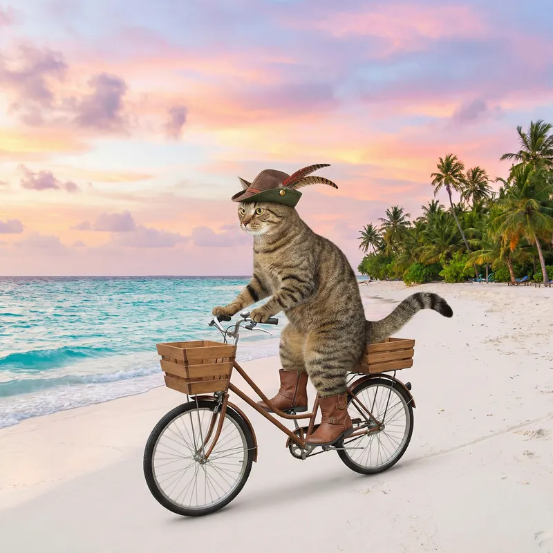 Fanciful Cat in Boots Riding Bicycle on Paradise Island Shore