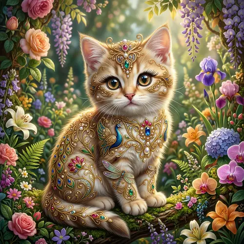 Futuristic Royal Kitten with Expressive Eyes | Art Nouveau Design