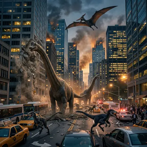 Chaos in Metropolis: Rampant Destruction by Dinosaurs