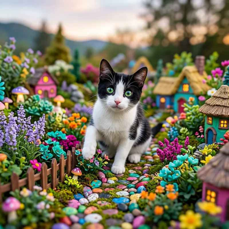 Curious Black and White Cat with Vibrant Green Eyes and Colorful Playfulness Curious Black and White Cat with Vibrant Green Eyes and Colorful Playfulness