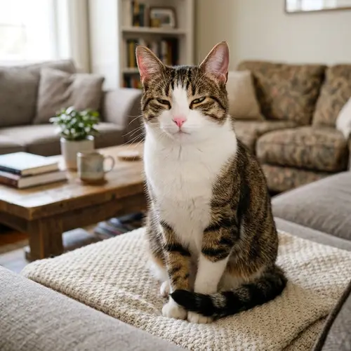 Tranquil Domestic Cat with White and Brown Fur