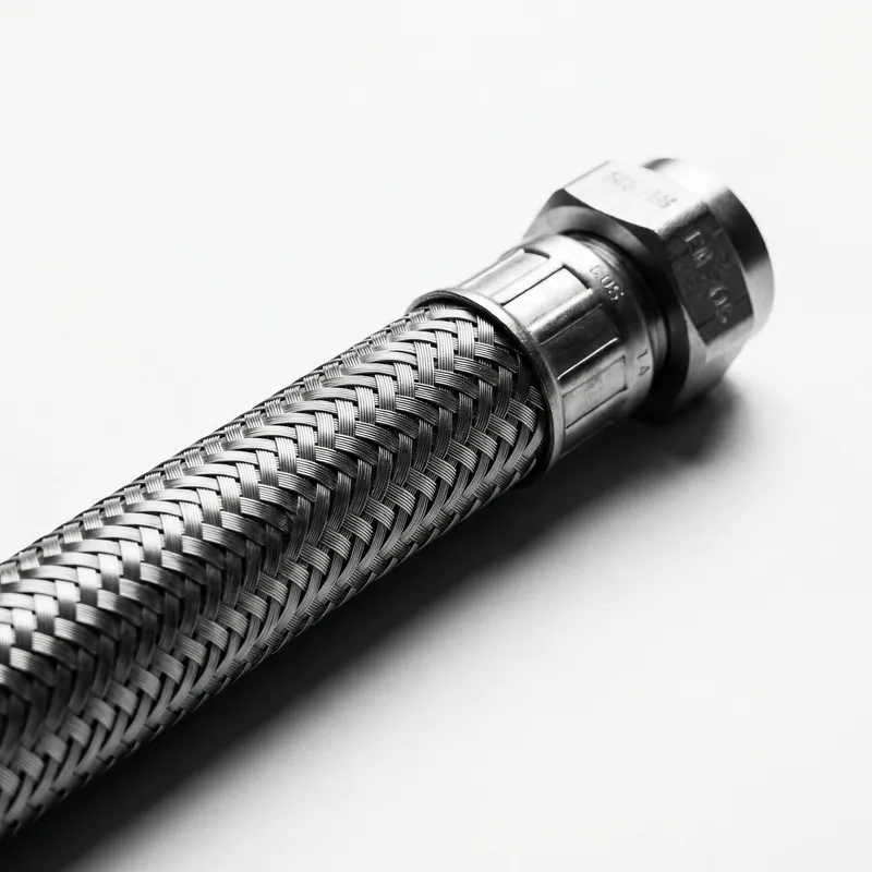 Close-up Stainless Steel Braided Gas Pipe on White Background