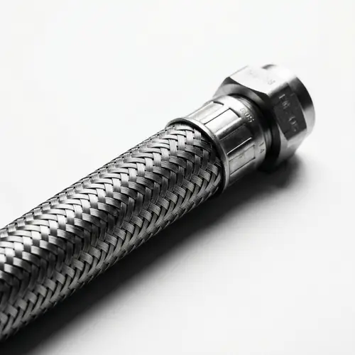 Stainless Steel Braided Gas Pipe on White Background - Industrial Photography