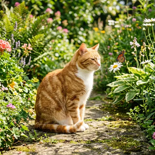 Beautiful Striped Orange and White Domestic Cat Enjoying Sunny Garden