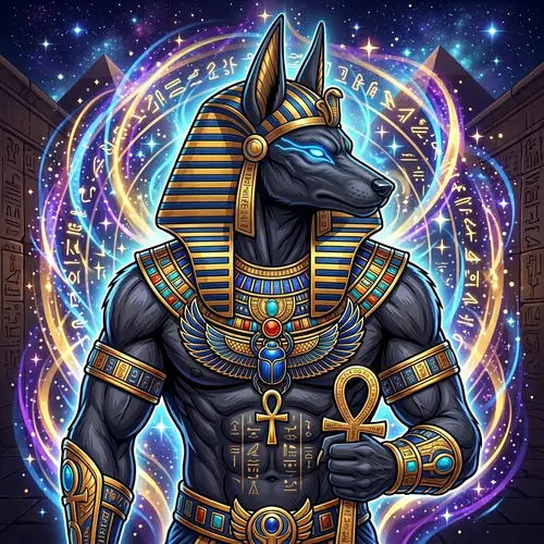 Colossal Anubis Icon with Blue Eyes & Aura | 2D Vector Art