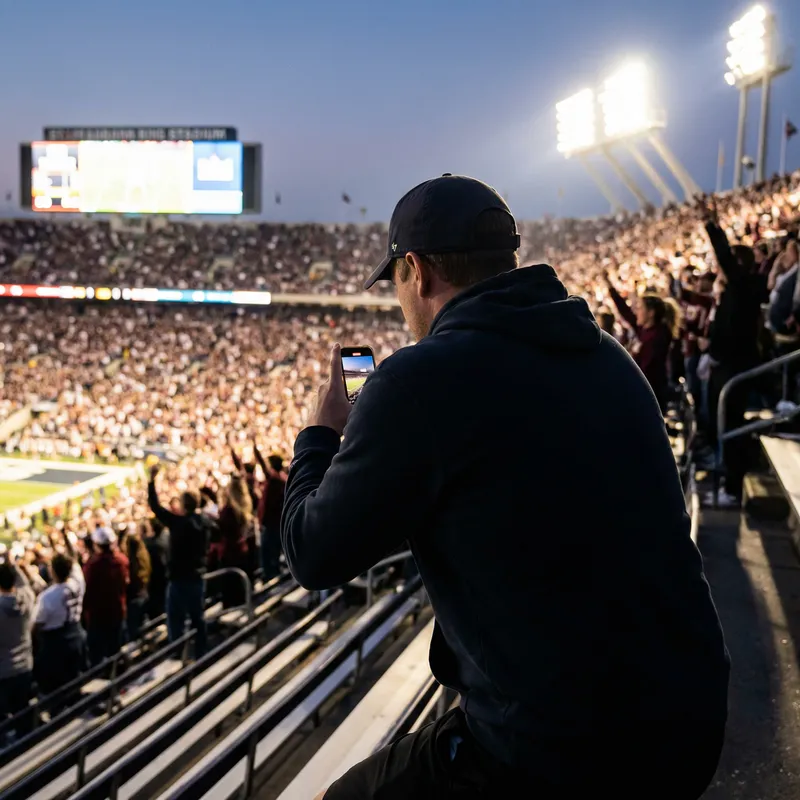 Man Sitting in Stadium with Phone, Crowd in Background Man Sitting in Stadium with Phone, Crowd in Background