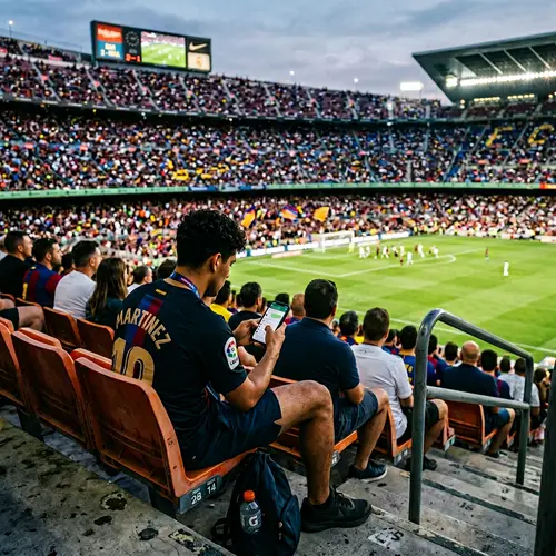 Hispanic Athlete Engrossed with Smartphone at Sports Stadium