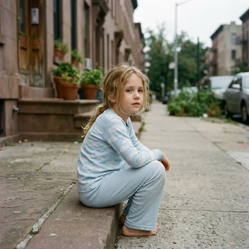 Blonde Girl in Pajamas on the Streets