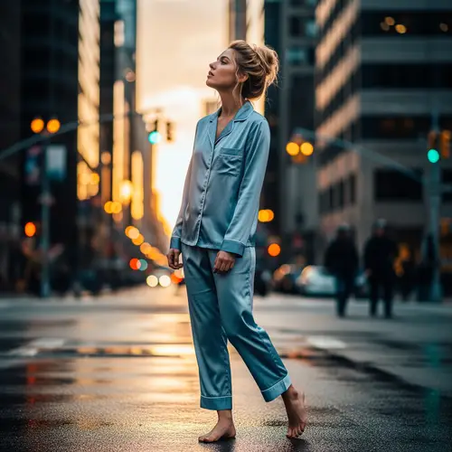 Blonde Girl in Pajamas on the Streets