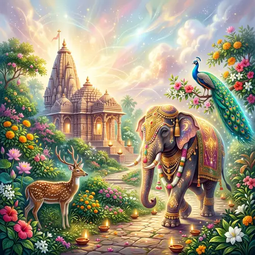 Divine Grace: Indian Temple with Elephant, Deer & Peacock