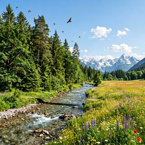 Tranquil Landscape with Forest, Stream, Meadow & Mountains
