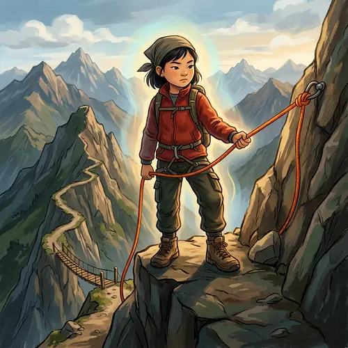 Brave Asian Girl Conquering Steep Mountain with Determination