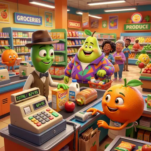 Colorful 3D Animated Grocery Checkout Scene