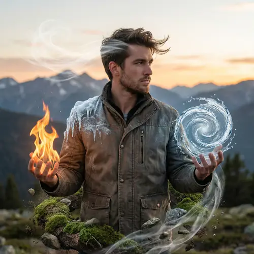 Handsome Guy with Elementals: Fire, Water, Ice, Wind, Earth