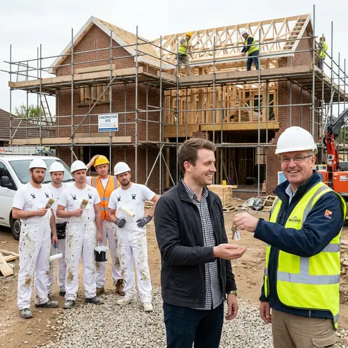 Man Hands Over House Keys at Construction Site