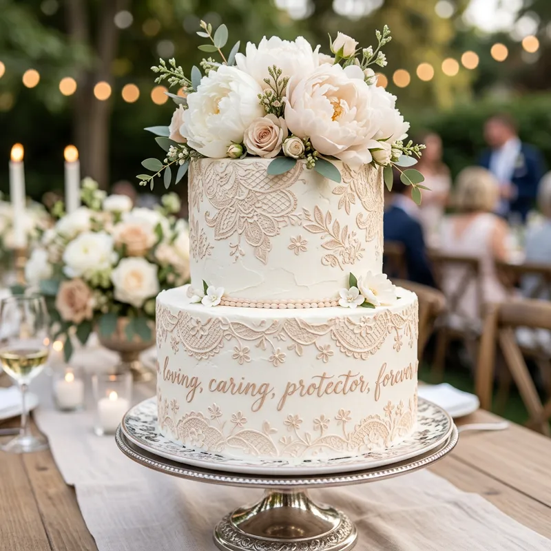 Elegant Two-Tier Wedding Cake with Lace & Flowers