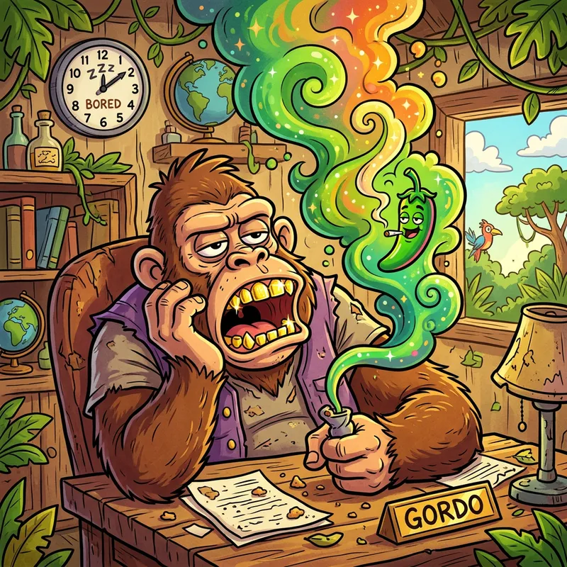 Bored Cartoon Ape with Shiny Gold Teeth Holding a Colorful Jalapeño Cartoon