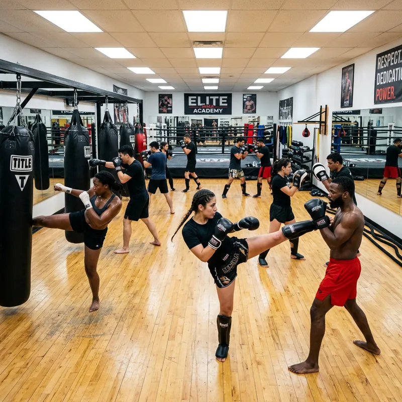Motivated Kickboxers Training in Modern Martial Arts Academy
