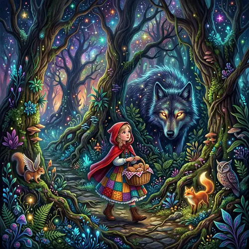 Fantasy Illustration: Little Red Riding Hood and Enigmatic Wolf