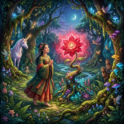 Enchanted Scarlet Flower Fantasy Illustration | The Scarlet Flower Tale
