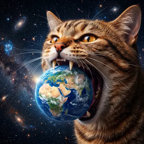 Fantastical Giant Cat Consuming Earth - Surreal Scene