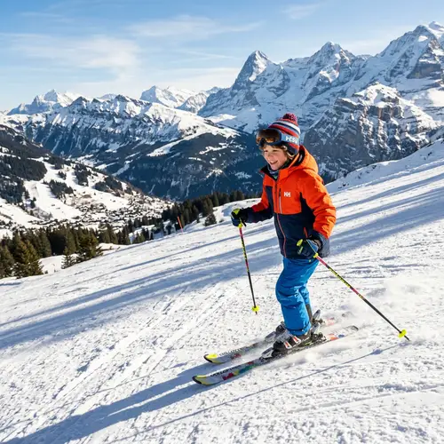 Young Caucasian Boy Skiing Down Snowy Swiss Mountains
