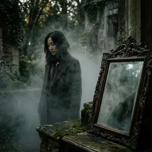 Asian Woman Enveloped in Mystical Fog | Antiquated Mirror Reflection