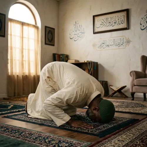 African Descent Muslim Praying on Prayer Mat in Traditional Attire