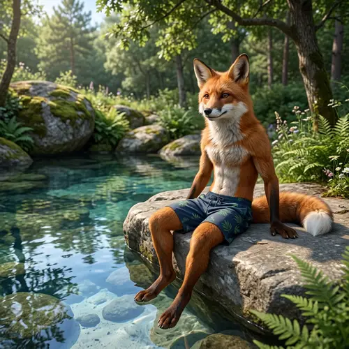 Male Fox Demi-Human Relaxing by Pool in 4K Resolution