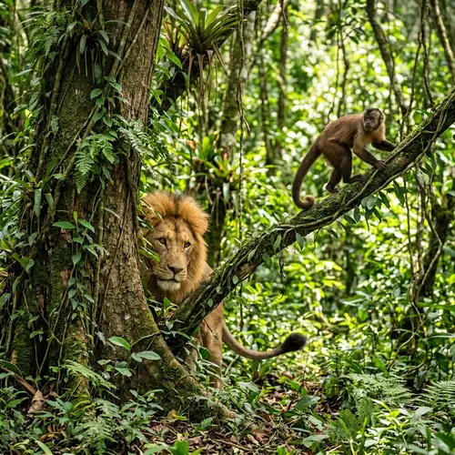 Majestic Lion and Playful Monkey in Enchanting Jungle Scene