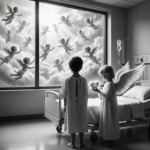 Child in Hospital Gown Gazes at Angelic Scene