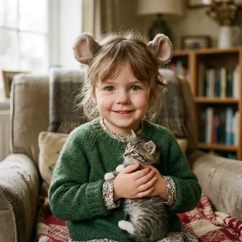 Girl with Mouse-Like Features Holding Kitten | Website Name