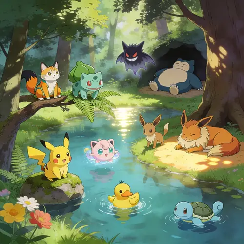 Charming Pokemon Art in a Forest Setting