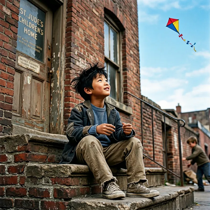 Innocent Resilience: Heartwarming Scene of Orphan Child Flying Kite