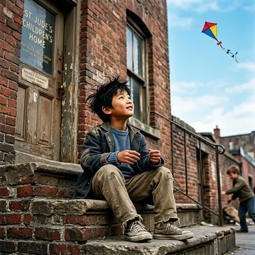 Innocent Resilience: Heartwarming Scene of Orphan Child with Kite