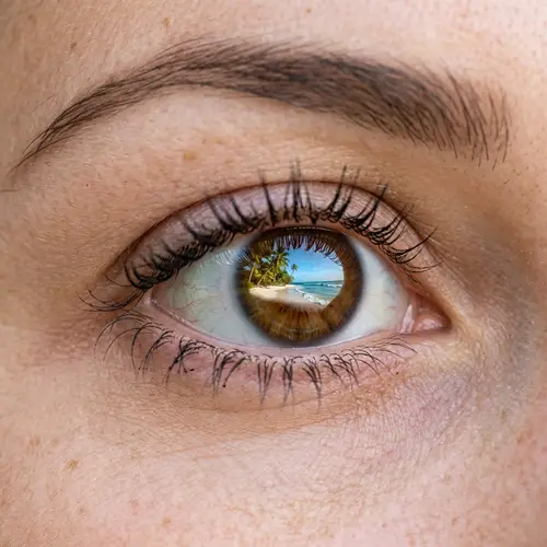 Brown Eye with Serene Beach Reflection - Intriguing Close-up View