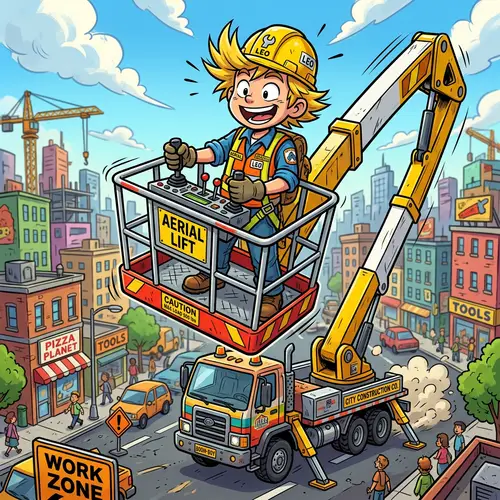 Animated Boy on Truck-Mounted Aerial Work Platform