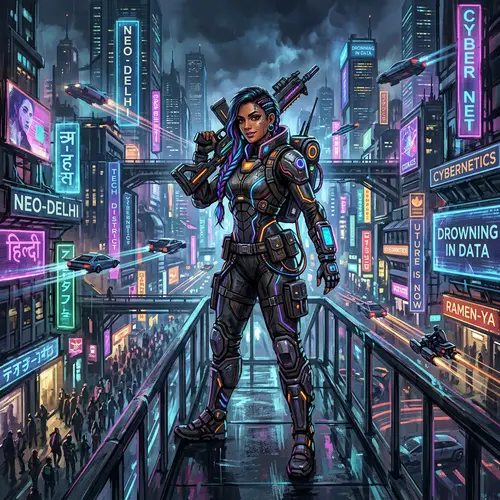 Futuristic Cyberpunk Metropolis with South Asian Woman in State-of-the-Art Suit