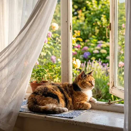 Fluffy Calico Cat Enjoying a Sunny Day on Window Sill