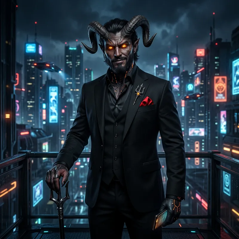 Power and Mystery: Stylish Man in Black Suit with Devilish Charm Power and Mystery: Stylish Man in Black Suit with Devilish Charm