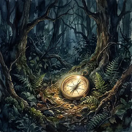 Enchanting Watercolor Painting of Mysterious Woodland with Compass