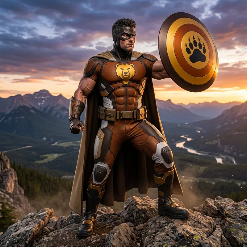 Fictional Superhero with Bear Paw Shield