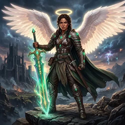Female Angel Hexblade Warlock with Green Greatsword