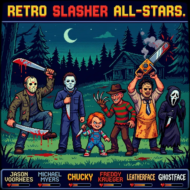 Iconic Horror Monsters in Pixel Art Style