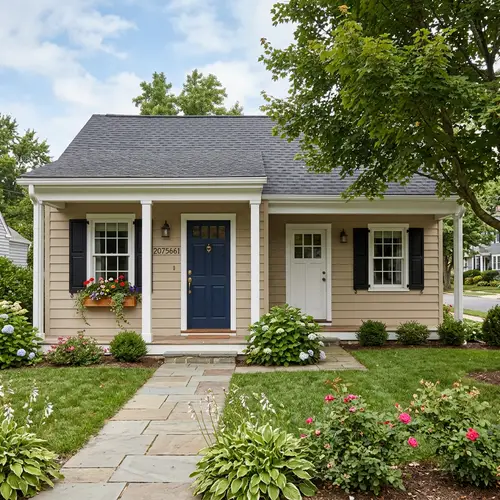 Single-Story House Facade with Windows and Doors