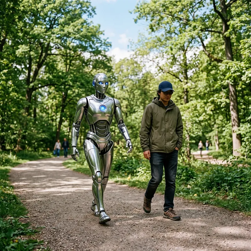 Robot Walking in Serene Park with Companion