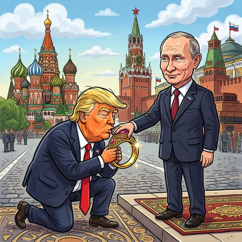 Trump Kissing Putin's Ring: Cartoon Illustration