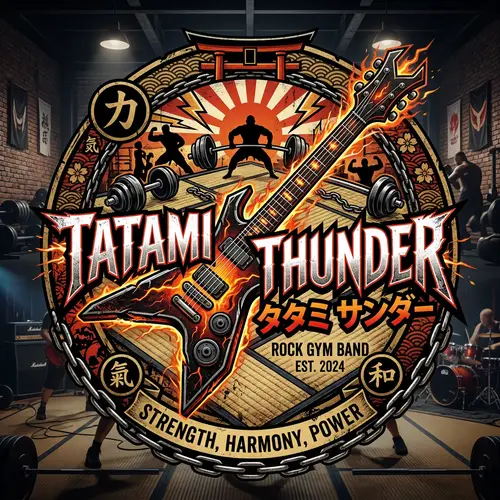 Rock Band Logo with Japanese Tatami Mat and Electric Guitar